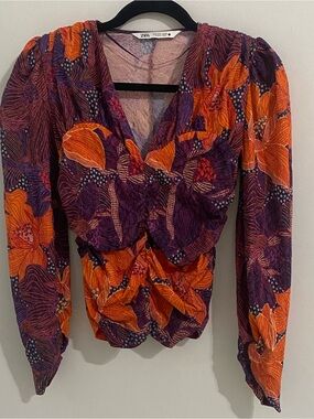 Zara Orange & Purple Floral Form Fitted Top